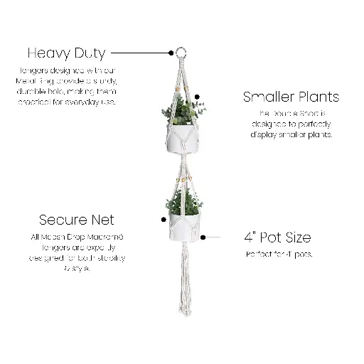 [R-SD-017-Nat-42] Short Double Macramé Plant Hanger for 4" Pots