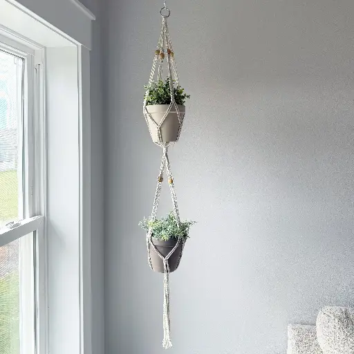 [R-SD-010-Nat-52] Standard Double Macramé Plant Hanger for 6" Pots